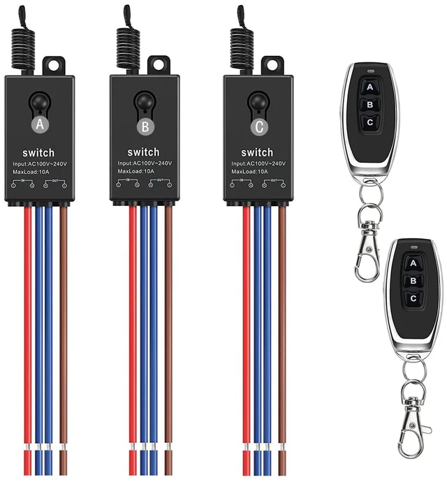 Main image of 3 Way Mini Remote Control Switch - AC 110V/120V/220V/240V/10A Relay ON/Off With 328FT Long Range for Motor, Lamps, LED Lights, Fans (2 Remote Controls, 3 Receivers)
