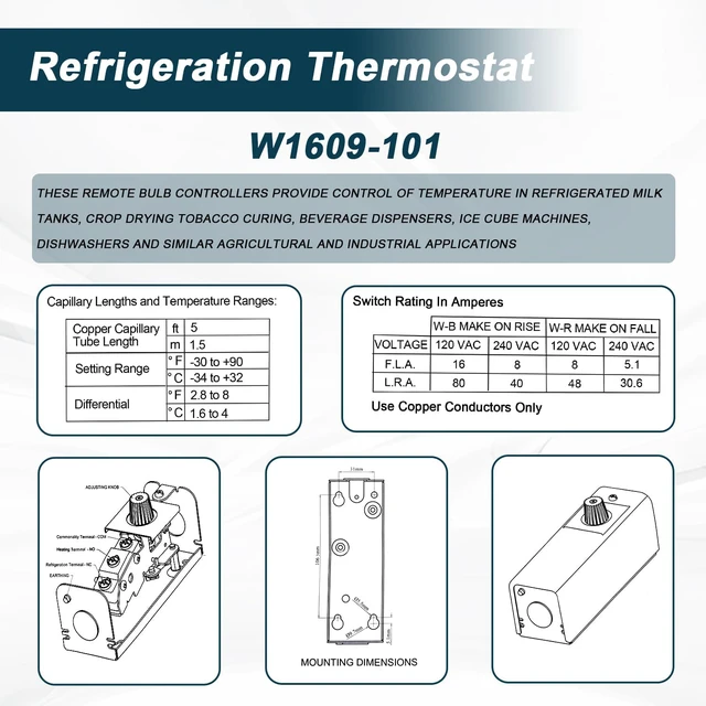 Alt view image 3 of 6 - Refrigeration Thermostat Temperature Controller from -30°F to 90°F Capillary Length 5 Ft with Mechanical Temperature Control Switch Replace#: W1609-101