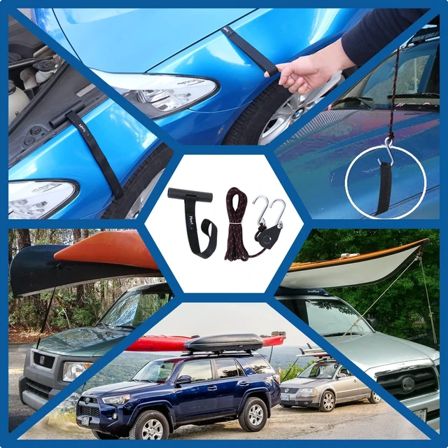 Alt view image 2 of 7 - Mind and Action Kayak Tie Down Straps,Quick Hood Loops Trunk Anchor,Canoe Transport Accessories Secure Vehicle Lashing Point (2 Straps+2 Loops+2 Hooks)
