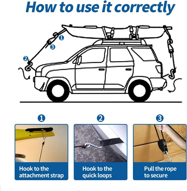 Alt view image 6 of 7 - Mind and Action Kayak Tie Down Straps,Quick Hood Loops Trunk Anchor,Canoe Transport Accessories Secure Vehicle Lashing Point (2 Straps+2 Loops+2 Hooks)