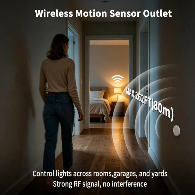 Alt view image 2 of 6 - Wireless Motion Sensors Plug, PIR Sensor Outlet with Timer Setting to Auto Turn On/Off, Adjustable Detection Range, 15A/1500W Remote Control Plug for Christmas Lights, Fans(2Sensor 1Plug)