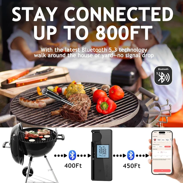 Alt view image 2 of 7 - Meat Thermometer Digital Wireless with 800ft Range, Bluetooth 5.3 Food Thermometer with Dual-Temperature Probe, LCD Display and App&Case Setting for Grilling Smoking Cooking
