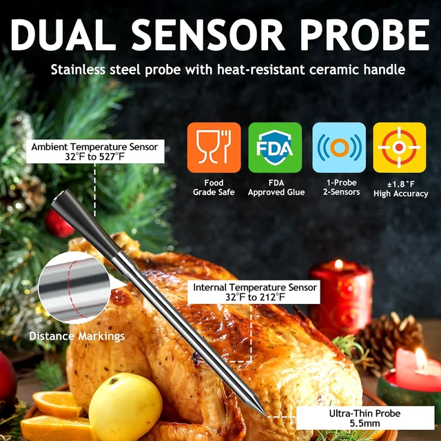 Alt view image 4 of 7 - Meat Thermometer Digital Wireless with 800ft Range, Bluetooth 5.3 Food Thermometer with Dual-Temperature Probe, LCD Display and App&Case Setting for Grilling Smoking Cooking