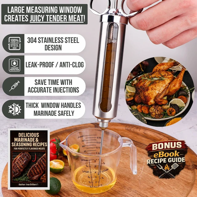 Alt view image 2 of 7 - Professional Meat Injector Marinade Syringe Kit for Smoking & Grilling Turkey, Brisket & BBQ Large 2 Oz Stainless Steel Capacity, Never Leaks or Clogs + Grill Cleaner & Flavor Brush