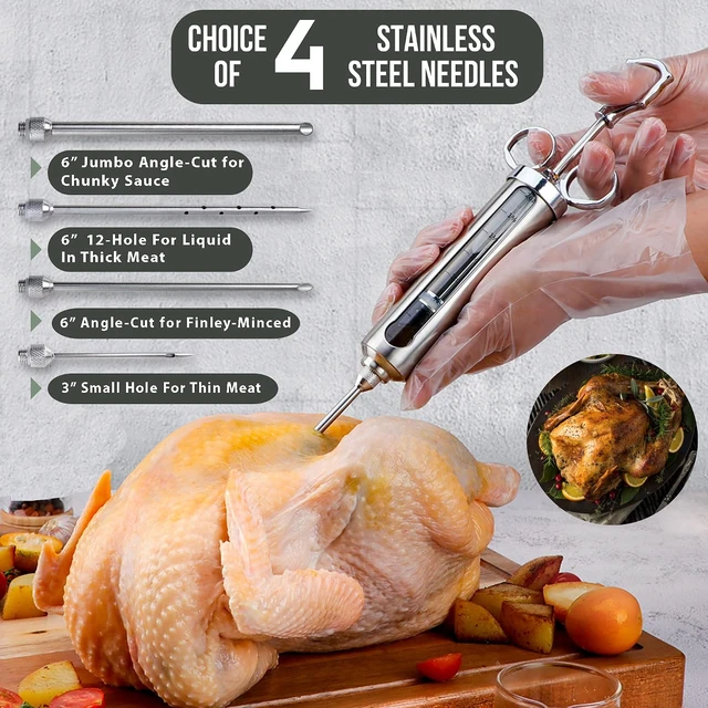Alt view image 7 of 7 - Professional Meat Injector Marinade Syringe Kit for Smoking & Grilling Turkey, Brisket & BBQ Large 2 Oz Stainless Steel Capacity, Never Leaks or Clogs + Grill Cleaner & Flavor Brush