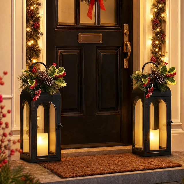Alt view image 2 of 7 - 16 Inch Black Metal Christmas Lantern with Remote LED Candle and Timer