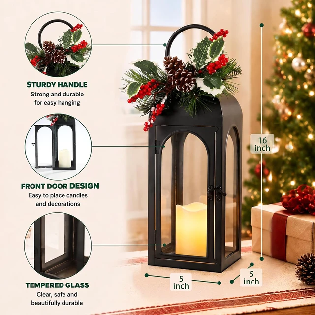Alt view image 3 of 7 - 16 Inch Black Metal Christmas Lantern with Remote LED Candle and Timer