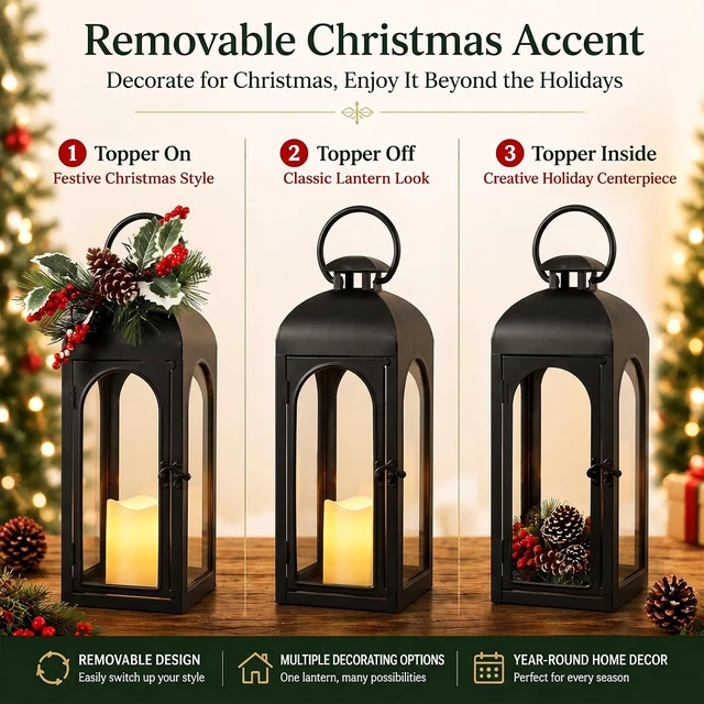 Alt view image 4 of 7 - 16 Inch Black Metal Christmas Lantern with Remote LED Candle and Timer