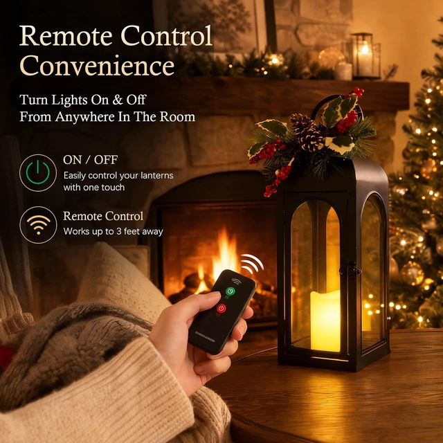 Alt view image 5 of 7 - 16 Inch Black Metal Christmas Lantern with Remote LED Candle and Timer