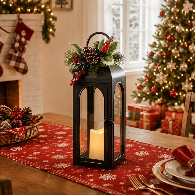 Alt view image 6 of 7 - 16 Inch Black Metal Christmas Lantern with Remote LED Candle and Timer