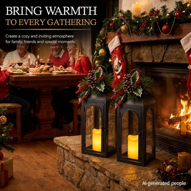 Alt view image 7 of 7 - 16 Inch Black Metal Christmas Lantern with Remote LED Candle and Timer