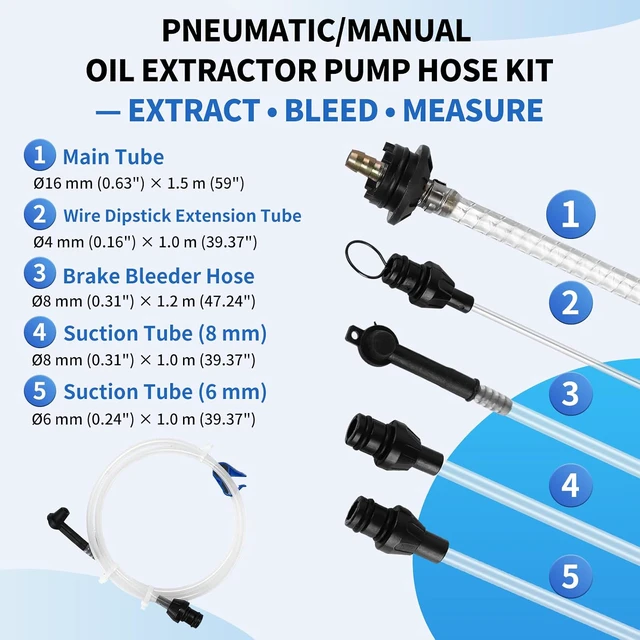 Alt view image 2 of 6 - 5-Piece Fluid Extractor Hose Kit, Pneumatic/Manual, 59 in Steel-Wire PVC