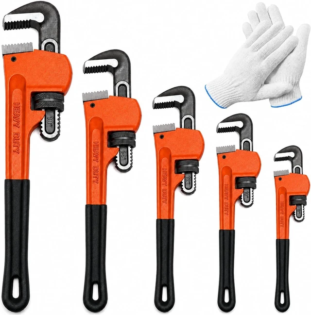 Main image of 5-Piece Heavy Duty Pipe Wrench Set, 8"/10"/12"/14"/18" Plumbing Wrench