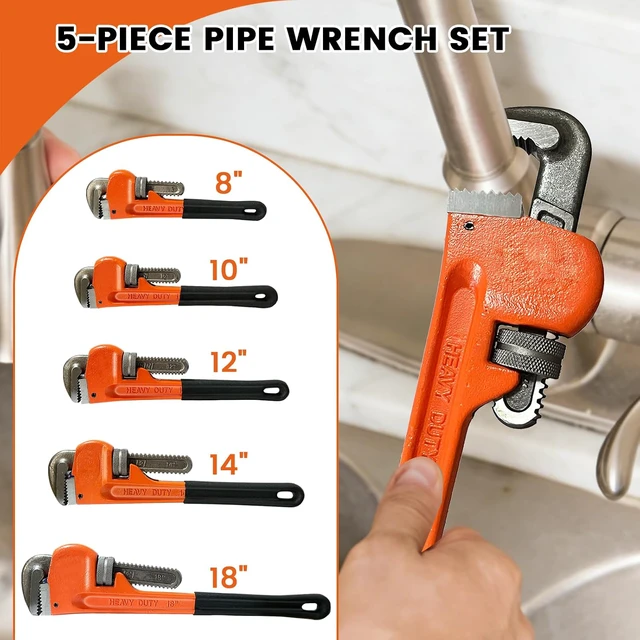 Alt view image 6 of 7 - 5-Piece Heavy Duty Pipe Wrench Set, 8"/10"/12"/14"/18" Plumbing Wrench