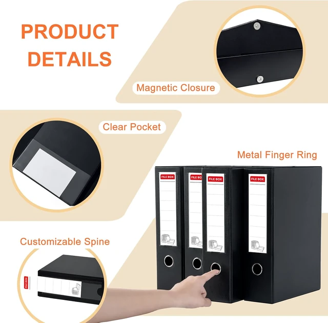 Alt view image 2 of 7 - Storage File Boxes 4 Pack, Foldable File Box with Clip, 88mm Spine, Black