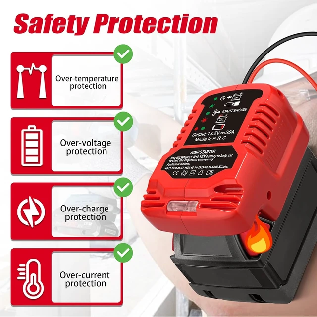 Alt view image 7 of 7 - Jumper Starter Adapter for Milwaukee M18 18V Battery, 11AWG Pure Copper Cable, 30A Output, Up to 3.5L Engine, 12V Car Emergency Jump Kit