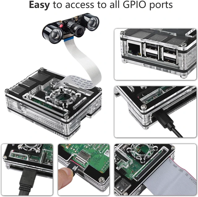 Alt view image 6 of 6 - Case for Raspberry Pi 4, Acrylic Case with Cooling Fan, 4PCS Heatsinks, 5V 3A USB-C Power Supply for Raspberry Pi 4 Model B (RPI 4 Board Not Included) - Black (Case for Raspberry Pi 3)