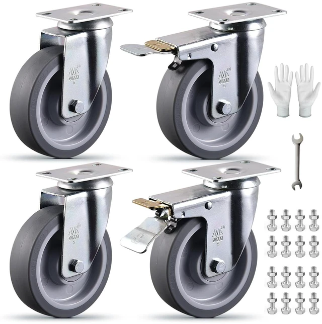 Main image of 5 Inch Castets Set of 4 Heavy Duty Caster Wheels with Brake 3000Lbs Swivel TPR Rubber Wheel Silent Castor Locking Industrial Plate Casters Wheels for Cart Furniture Workbench, Free Bolts and Nuts