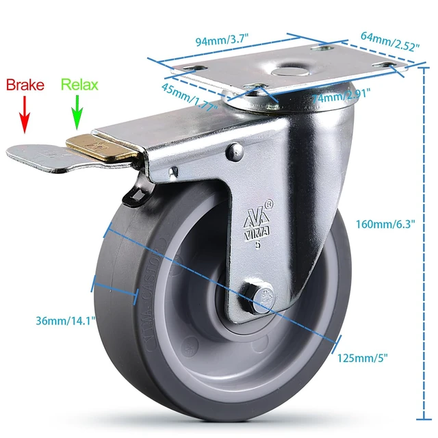 Alt view image 2 of 6 - 5 Inch Castets Set of 4 Heavy Duty Caster Wheels with Brake 3000Lbs Swivel TPR Rubber Wheel Silent Castor Locking Industrial Plate Casters Wheels for Cart Furniture Workbench, Free Bolts and Nuts