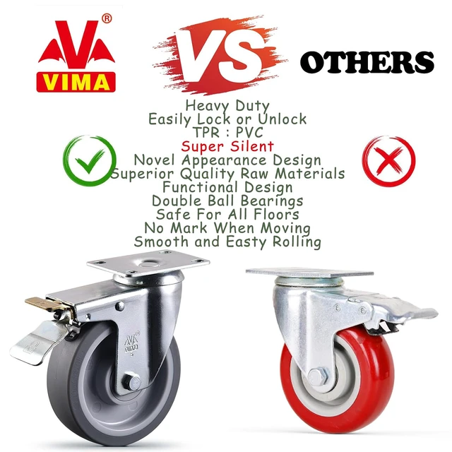 Alt view image 3 of 6 - 5 Inch Castets Set of 4 Heavy Duty Caster Wheels with Brake 3000Lbs Swivel TPR Rubber Wheel Silent Castor Locking Industrial Plate Casters Wheels for Cart Furniture Workbench, Free Bolts and Nuts