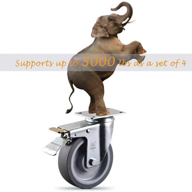 Alt view image 4 of 6 - 5 Inch Castets Set of 4 Heavy Duty Caster Wheels with Brake 3000Lbs Swivel TPR Rubber Wheel Silent Castor Locking Industrial Plate Casters Wheels for Cart Furniture Workbench, Free Bolts and Nuts
