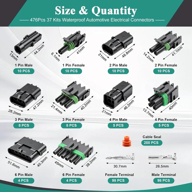 Alt view image 2 of 6 - 476Pcs 37 Kits Waterproof Automotive Electrical Connectors 1/2/3/4/6 22-14AWG Male&Female Pin Weather Pack Connectors