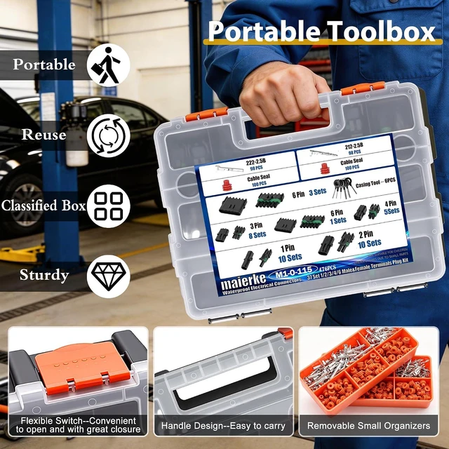 Alt view image 4 of 6 - 476Pcs 37 Kits Waterproof Automotive Electrical Connectors 1/2/3/4/6 22-14AWG Male&Female Pin Weather Pack Connectors