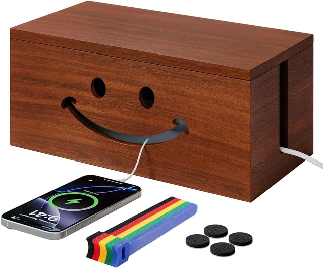 Main image of Solid Wood Cable Management Box, Cute Smile Cord Hider Box for Desk