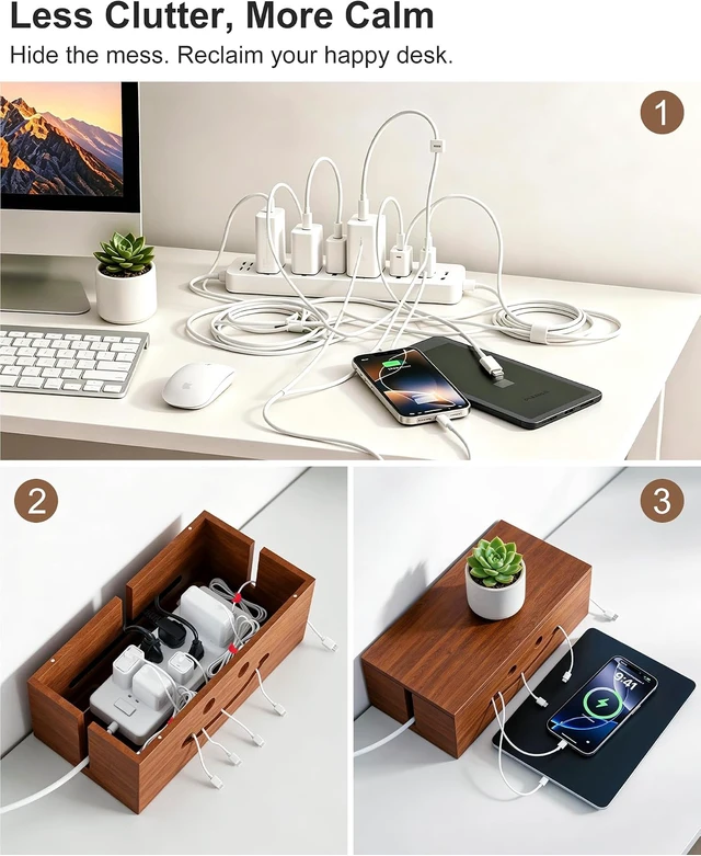 Alt view image 2 of 7 - Solid Wood Cable Management Box, Cute Smile Cord Hider Box for Desk