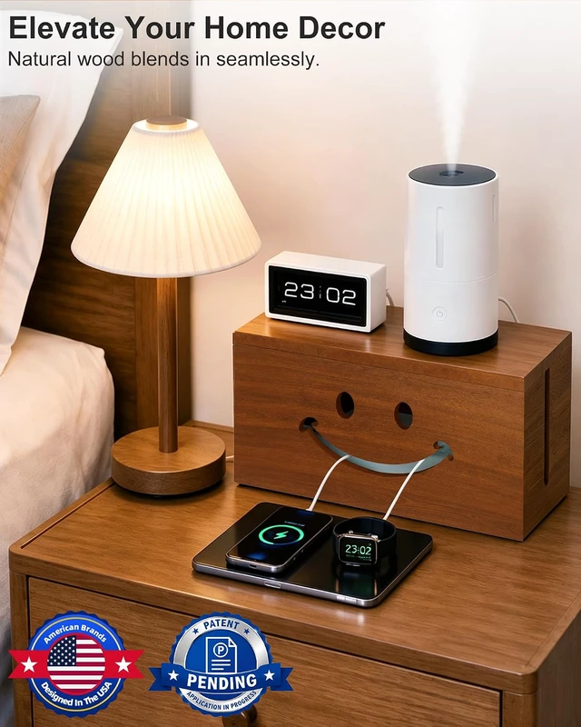 Alt view image 4 of 7 - Solid Wood Cable Management Box, Cute Smile Cord Hider Box for Desk