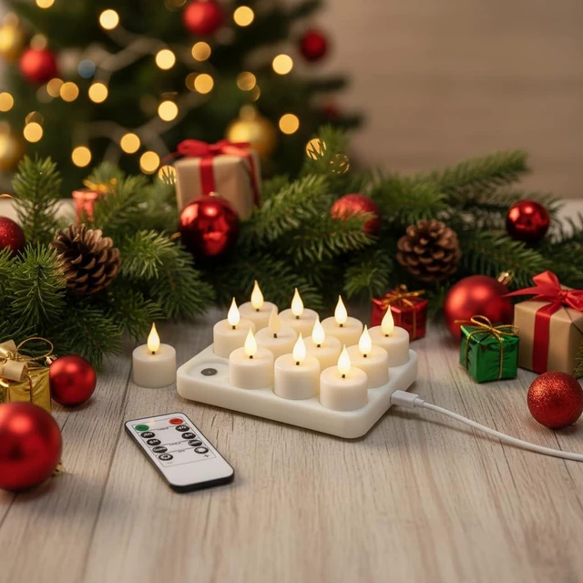 Main image of Magnetic Rechargeable Base Battery Operated 3D Flameless Flickering Led Tea Candles Light with Remote Control Timer Dimmer for Christmas Wedding Home Decor, 12pcs, White,1.45''*2.24