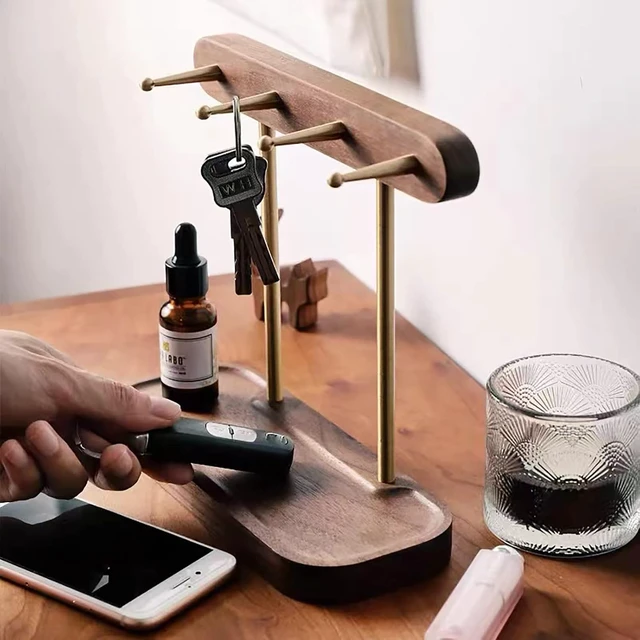 Alt view image 3 of 4 - Key Rack Tabletop Key Holder Stand Modern Walnut Wood & Brass Jewelry Organizer Tray Home Decor