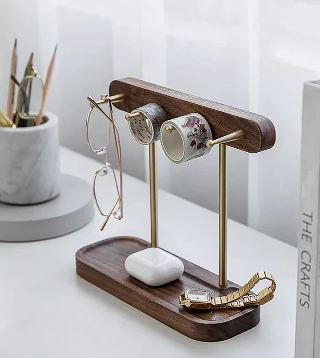 Alt view image 4 of 4 - Key Rack Tabletop Key Holder Stand Modern Walnut Wood & Brass Jewelry Organizer Tray Home Decor