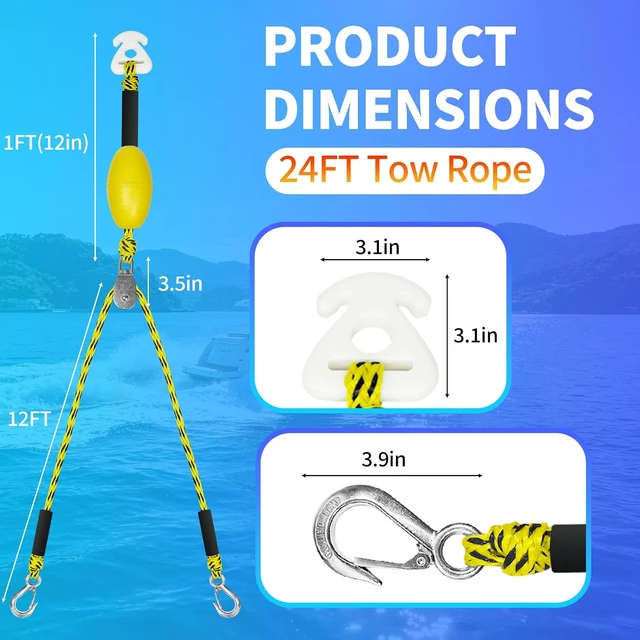 Alt view image 2 of 6 - Heavy Duty Boat Tow Harness for Tubing, Self Centering Tow Harness, 360° Rotating Pulley & Large Hooks Floating Tube Rope for Pontoon, Ski, Wakeboard 12/16/24ft (Red/Yellow-Black Dot)