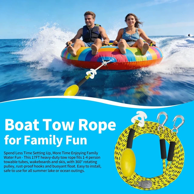 Alt view image 6 of 6 - Heavy Duty Boat Tow Harness for Tubing, Self Centering Tow Harness, 360° Rotating Pulley & Large Hooks Floating Tube Rope for Pontoon, Ski, Wakeboard 12/16/24ft (Red/Yellow-Black Dot)