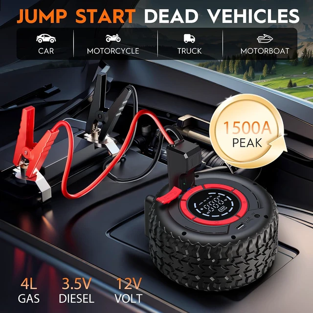 Alt view image 2 of 7 - Jump Starter with Air Compressor, 1500A Car Battery Jump Starter (4 Gas/3.5L Diesel), 150PSI Car Battery Jumper Starter Portable 12V Jump Box with Jumper Cables, LED Light, Power Bank