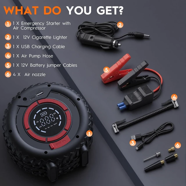 Alt view image 6 of 7 - Jump Starter with Air Compressor, 1500A Car Battery Jump Starter (4 Gas/3.5L Diesel), 150PSI Car Battery Jumper Starter Portable 12V Jump Box with Jumper Cables, LED Light, Power Bank