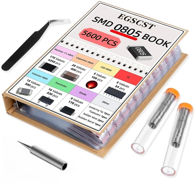 Main image of 5600PCS 0805 SMD Resistor Kit from 0 to 10M 1%, Electronics Component Assortment with Resistors, Capacitors, Diodes, Transistors, IC, Inductors, LEDs Sample Book for DIY and Repair