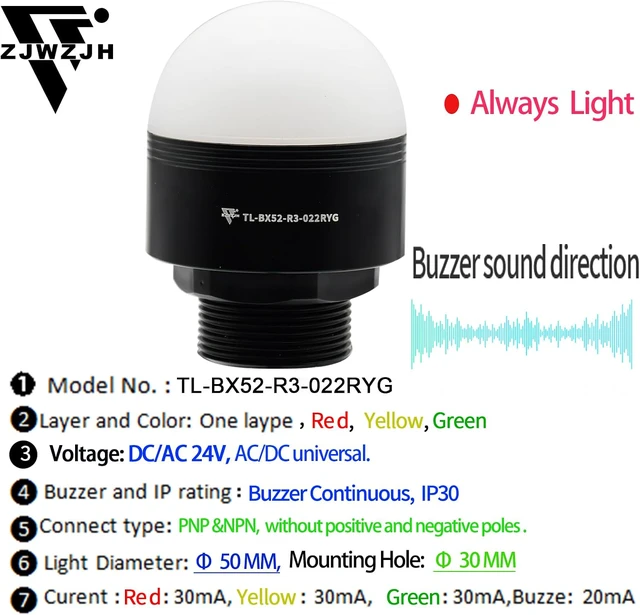 Alt view image 2 of 7 - 3-Color LED Warning Light, 30mm Hole, Red/Yellow/Green Stack Light, 85dB Buzzer, Industrial Indicator Beacon, Column Signal Tower 24V Metal Base