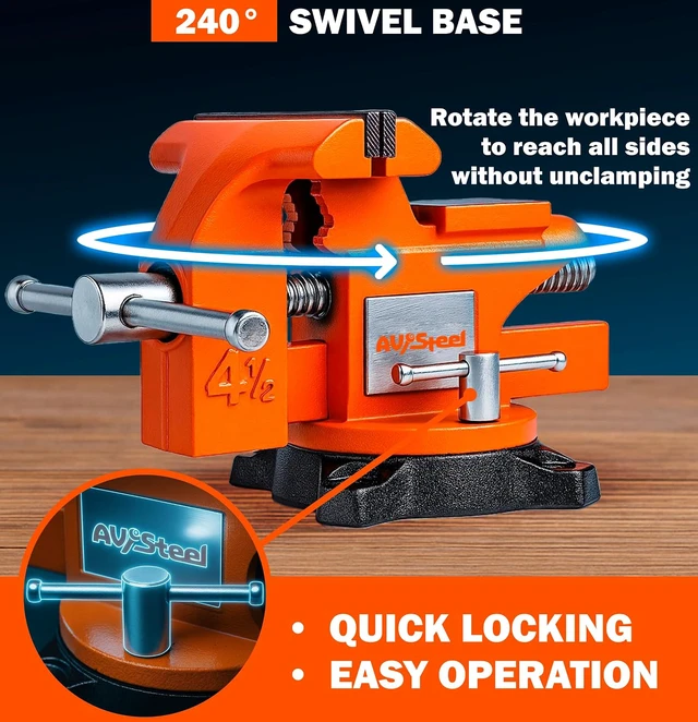 Alt view image 4 of 7 - 4-1/2" Bench Vise with 240° Flexible Swivel Locking Base and Anvil, High-Strength Multi-Purpose Workbench Vise Heavy-Duty, Cast Iron Workbench for Woodworking, Drilling, Pipe Cutting
