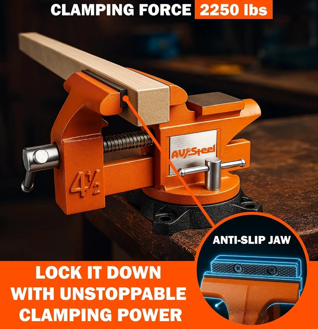 Alt view image 3 of 7 - 4-1/2" Bench Vise with 240° Flexible Swivel Locking Base and Anvil, High-Strength Multi-Purpose Workbench Vise Heavy-Duty, Cast Iron Workbench for Woodworking, Drilling, Pipe Cutting