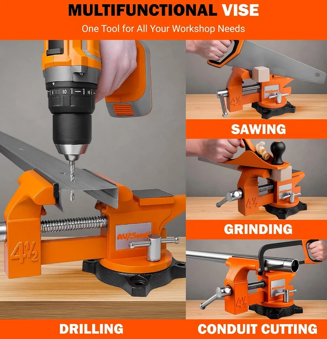 Alt view image 6 of 7 - 4-1/2" Bench Vise with 240° Flexible Swivel Locking Base and Anvil, High-Strength Multi-Purpose Workbench Vise Heavy-Duty, Cast Iron Workbench for Woodworking, Drilling, Pipe Cutting