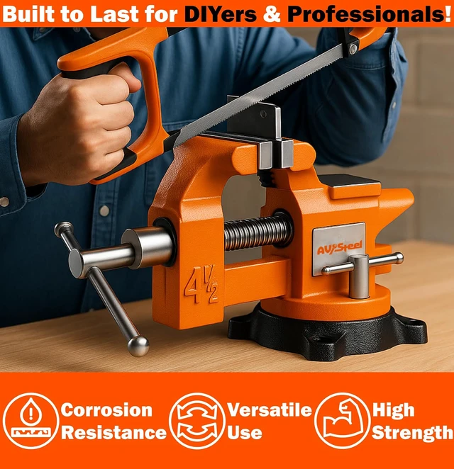 Alt view image 7 of 7 - 4-1/2" Bench Vise with 240° Flexible Swivel Locking Base and Anvil, High-Strength Multi-Purpose Workbench Vise Heavy-Duty, Cast Iron Workbench for Woodworking, Drilling, Pipe Cutting
