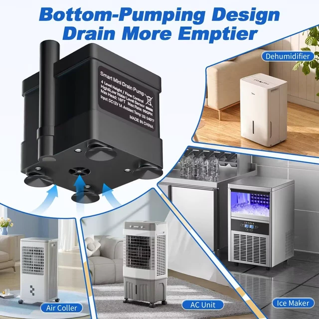 Alt view image 4 of 6 - Automatic Small Pump For Dehumidifier,16Ft Max. Drain Height,4 Level Height/Flow Control Button,High-Low Water Level Sensor,99GPH Volume,DC12V Condensate Pump For Ice Maker,HVAC,All-In-One