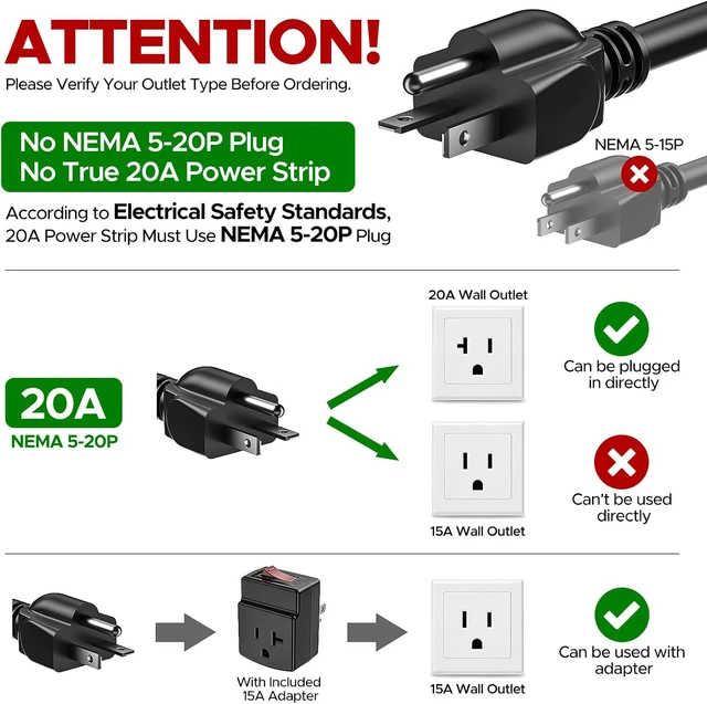 Alt view image 3 of 7 - 20 Amp Heavy Duty Metal Power Strip with 15A Adapter, ETL Listed