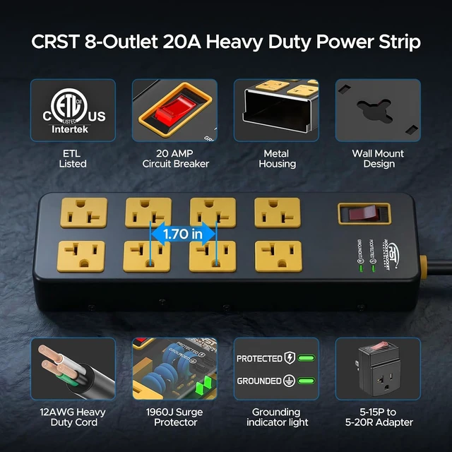 Alt view image 6 of 7 - 20 Amp Heavy Duty Metal Power Strip with 15A Adapter, ETL Listed