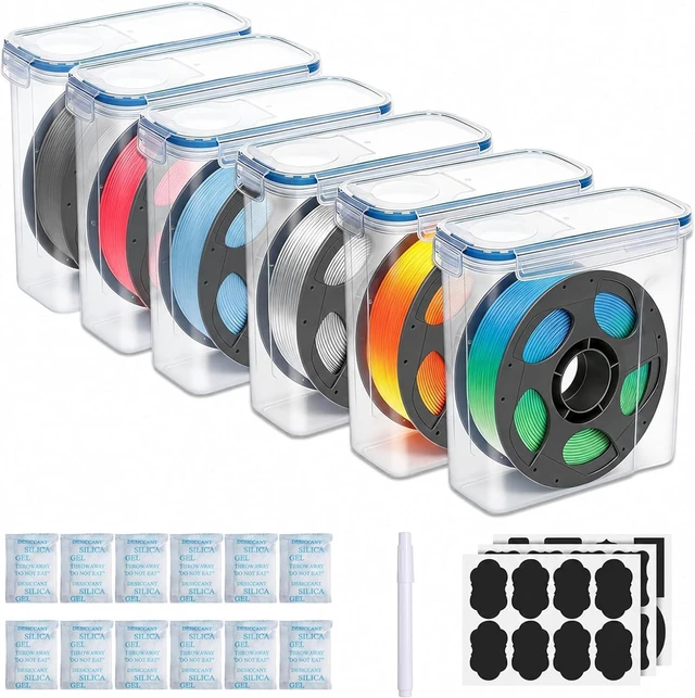 Main image of Filament Storage Box 6 Pack with Desiccants, Labels for 3D Printing