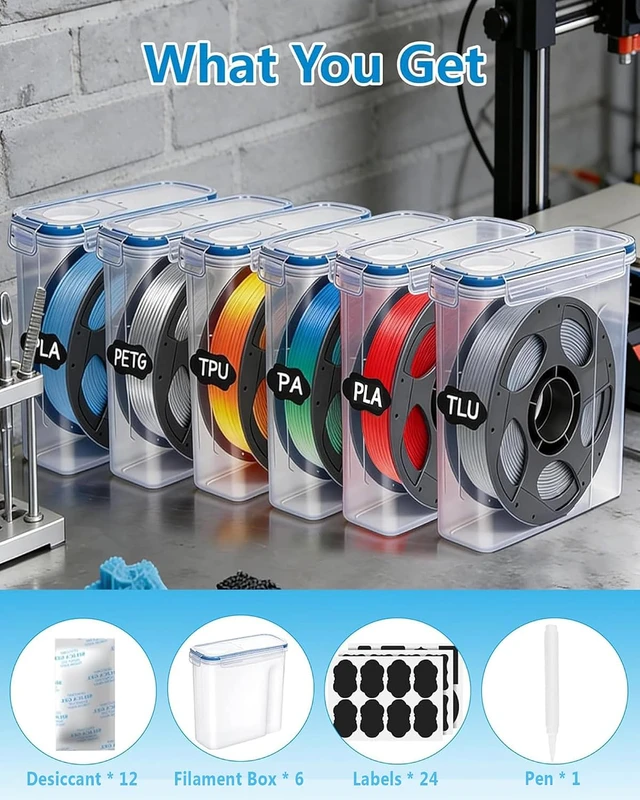 Alt view image 7 of 7 - Filament Storage Box 6 Pack with Desiccants, Labels for 3D Printing