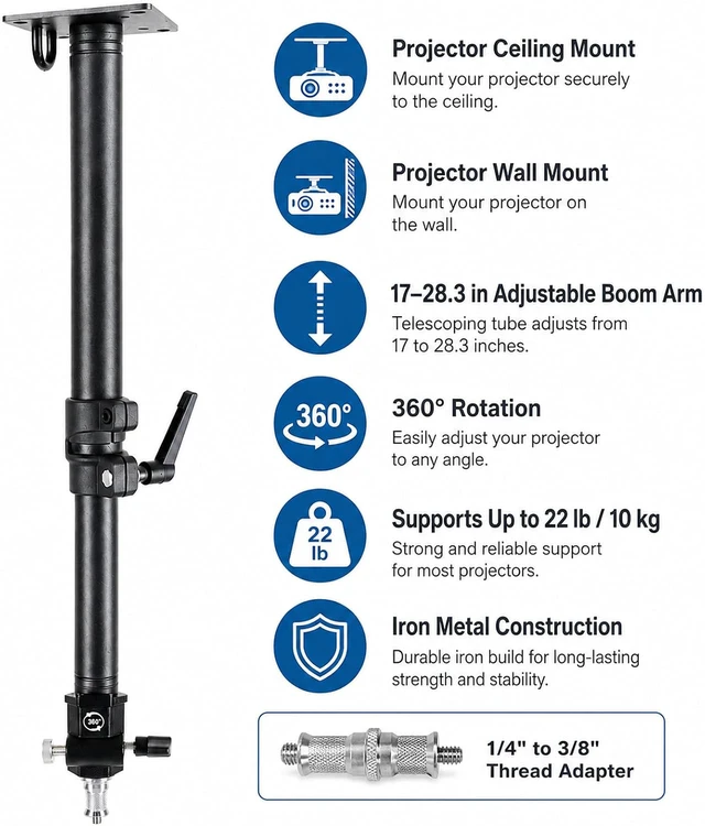 Alt view image 2 of 7 - 28in Studio Light Ceiling Mount Boom Arm,Adjustable Ceiling Projector Mount