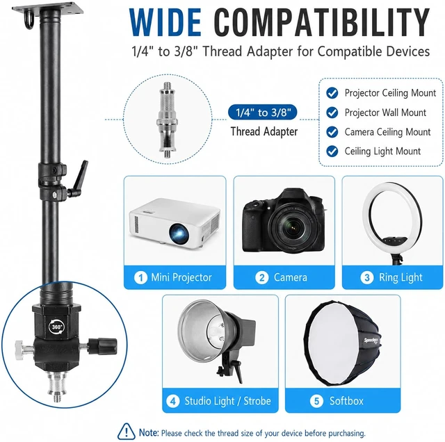 Alt view image 5 of 7 - 28in Studio Light Ceiling Mount Boom Arm,Adjustable Ceiling Projector Mount